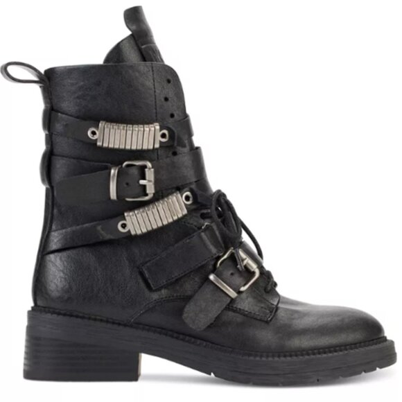 DKNY Buckled Straps Accent Combat Boots. Black Leather and Silver-Tone Metal. 7. - Picture 3 of 11